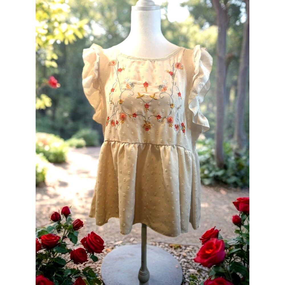 Women’s embellished embroidered ruffled baby doll top size large